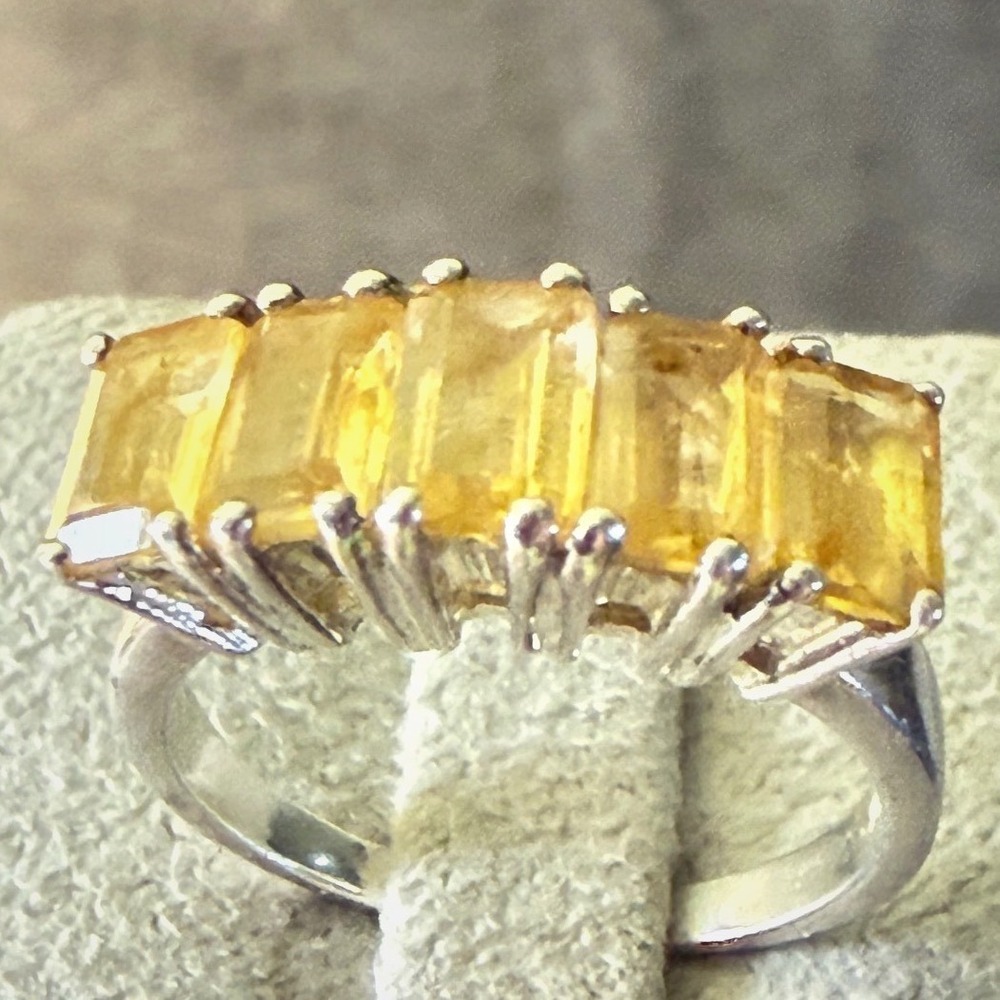 Ring 925 Sterling Silver Citrine Yellow Vintage Emerald Cut 5 Stone Size 6.5